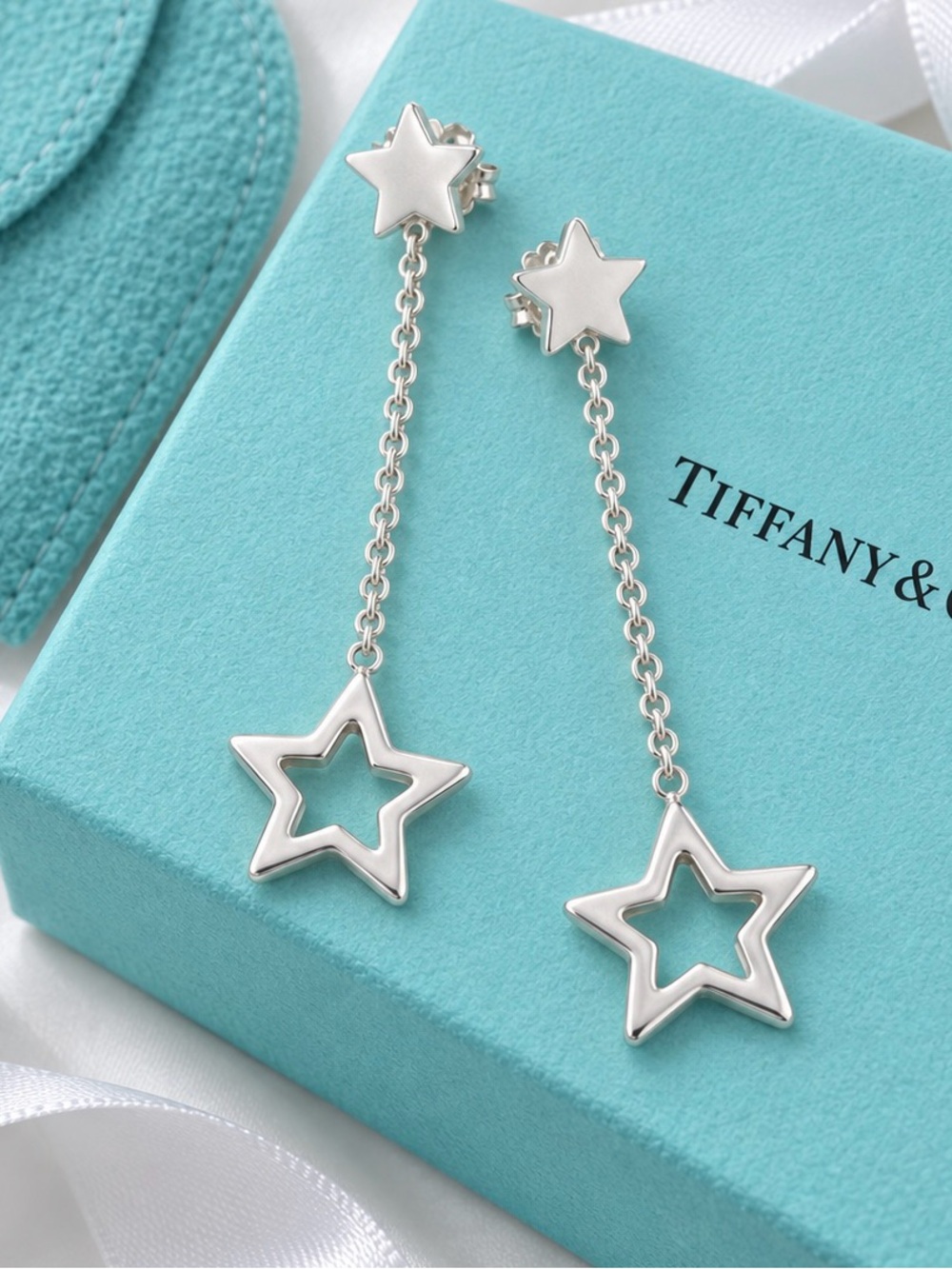 Rare Tiffany & Co. Retired Sterling Silver Star Drop Dangle Earrings 1.75”